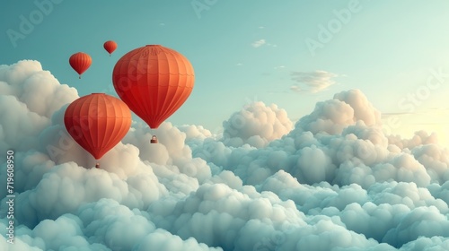  a group of hot air balloons floating in the sky above a cloud filled with white puffy clouds  with a blue sky in the background with a few white clouds.