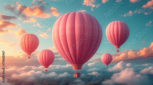  a group of hot air balloons flying in the sky above the clouds with a sunset in the back ground and a blue sky with clouds and a few white clouds.
