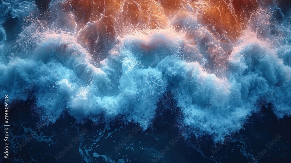  an aerial view of a large body of water with a lot of waves coming up from the top of the water and a lot of orange and white foam on the bottom of the water. - obrazy, fototapety, plakaty 