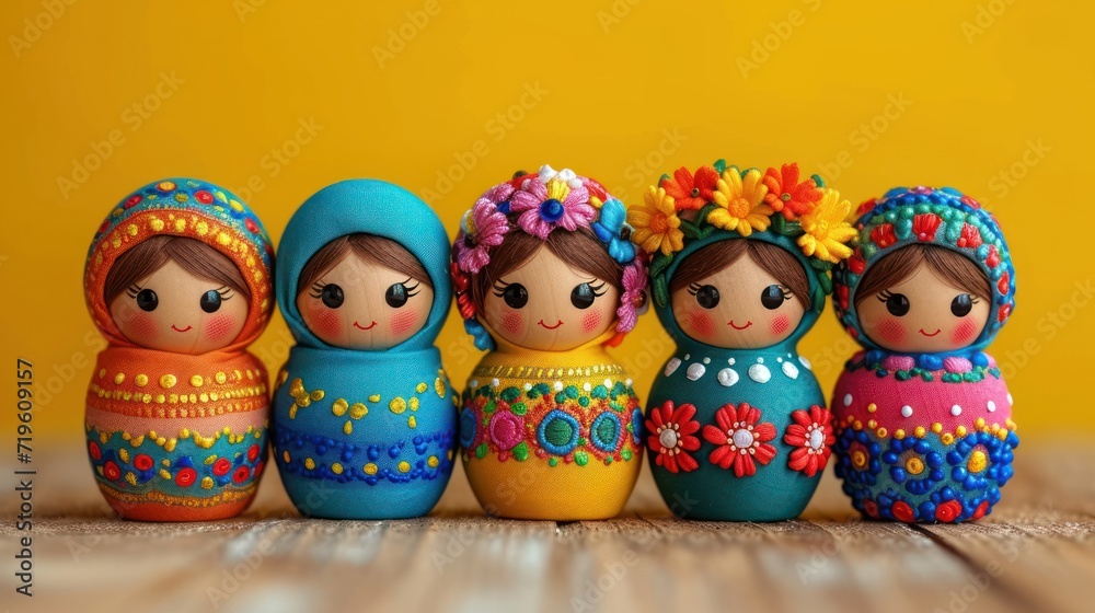  a group of wooden dolls sitting next to each other on a wooden table with a yellow wall behind them and a yellow wall behind them that has a yellow background.