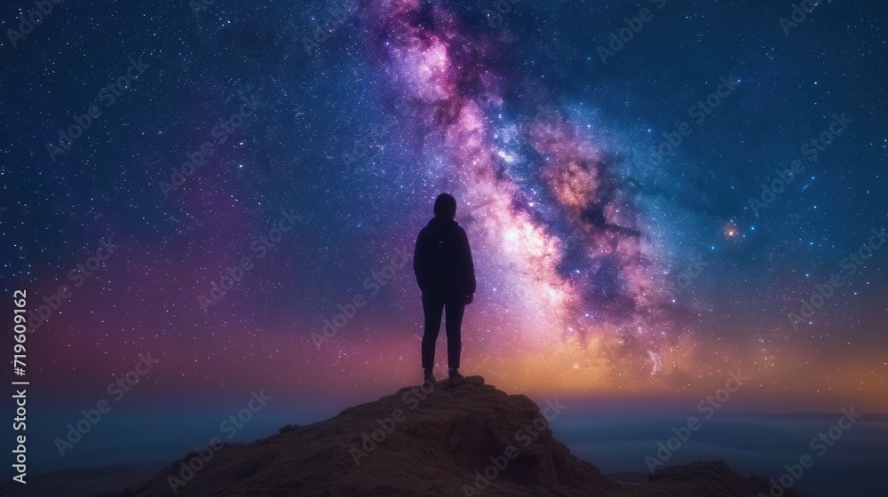  a person standing on top of a mountain under a night sky filled with stars and a bright purple and blue star filled sky above them is a silhouetted by a person standing on top of a hill.