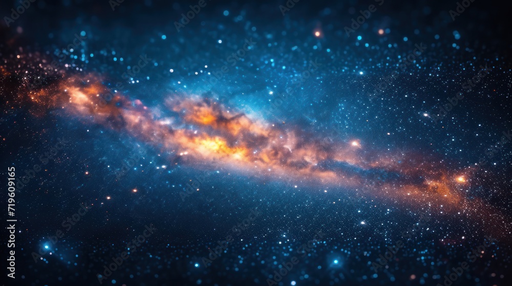  a close up of a very bright blue and yellow galaxy with stars in the sky and a bright orange star in the middle of the center of the space, and a black background.