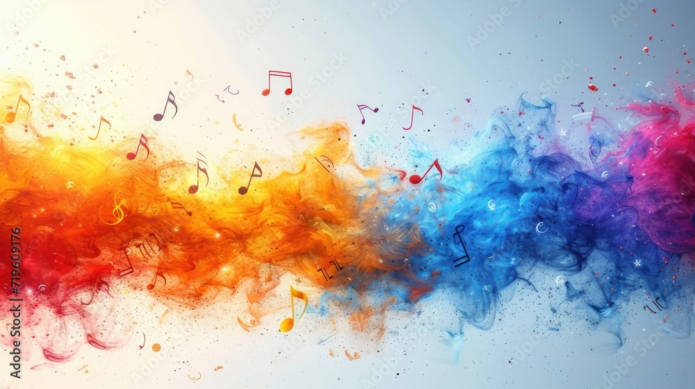  colorful smoke with musical notes coming out of it on a light blue background with red, yellow, blue, and orange smoke coming out of the top of it.