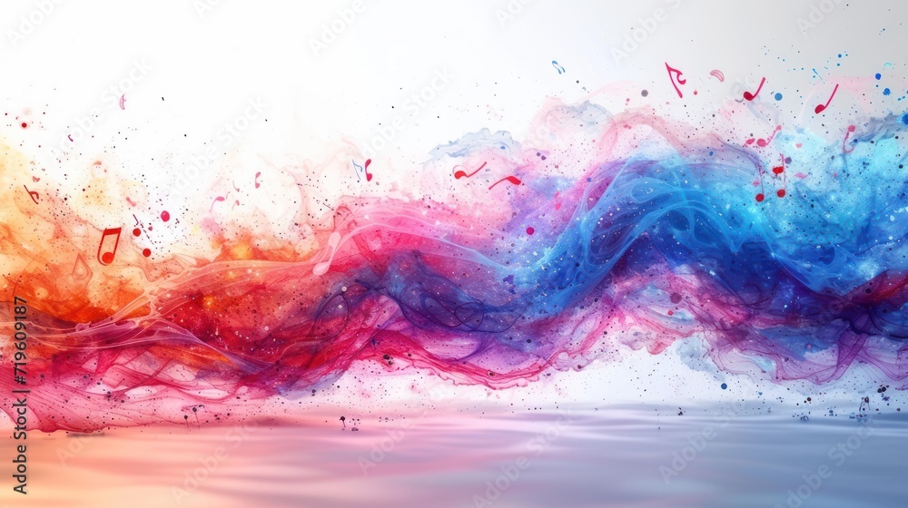  a blue, red, and orange colored stream of smoke on a white background with a reflection of water and music notes in the bottom right corner of the image. - obrazy, fototapety, plakaty 