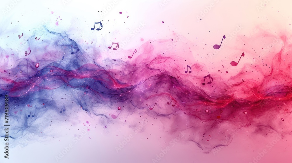  a red, blue, and pink smoke with music notes coming out of the top of it and on top of the bottom of the smoke is a white background.