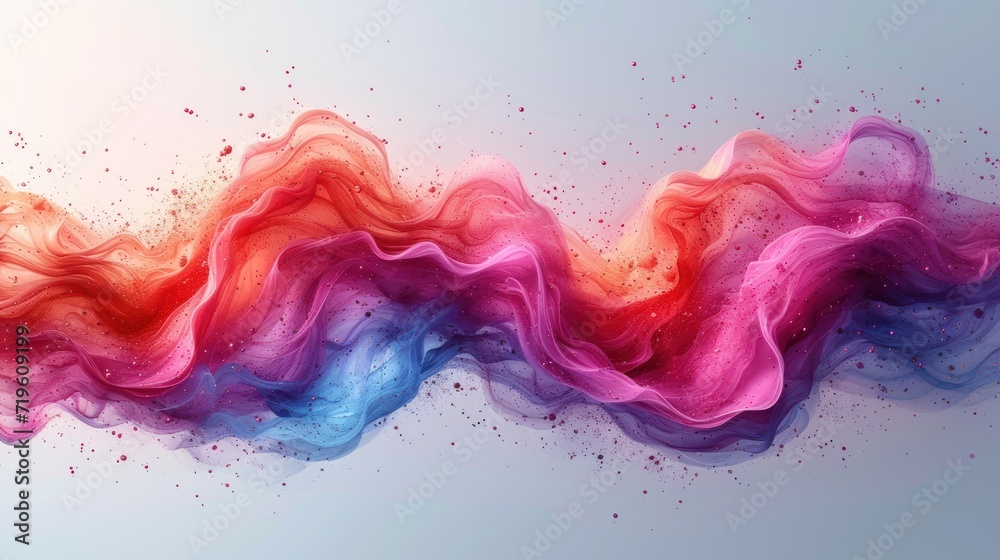  a multicolored wave of liquid on a blue and white background with sprinkles of pink, blue, and red on top right side of the wave is a white background.