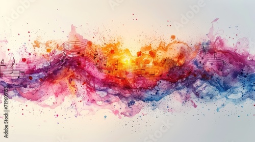  a painting of music notes on a white background with a splash of paint on the bottom of the image and a splash of color on the top of the bottom half of the image.