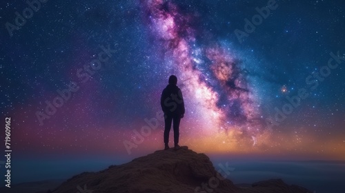 a person standing on top of a mountain under a night sky filled with stars and a bright purple and blue star filled sky above them is a silhouetted by a person standing on top of a hill. © Jevjenijs