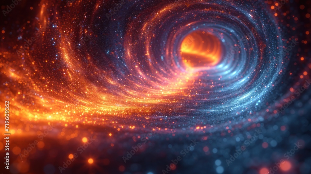  a close up of a black hole in the center of a space filled with stars and a black hole in the middle of the center of the space is an orange and blue circle.