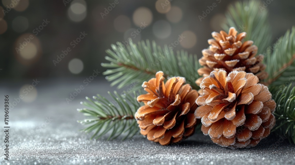  a couple of pine cones sitting on top of a snow covered ground next to a pine tree branch with drops of dew on the top of the pine cones, with a blurry background. - obrazy, fototapety, plakaty 