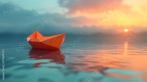  an origami boat floating on a body of water with the sun setting in the sky above the water and the clouds in the sky above the water is a body of water.