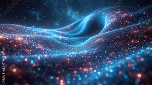  a computer generated image of a wave of blue and pink lights on a dark background with stars in the middle of the image and in the middle of the image. photo