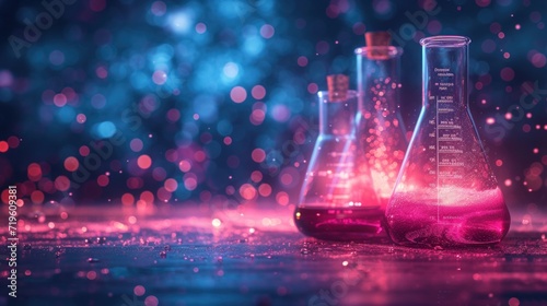  three flasks filled with liquid sitting on top of a table next to a bottle with a liquid inside of it on top of a table with a blurry background.