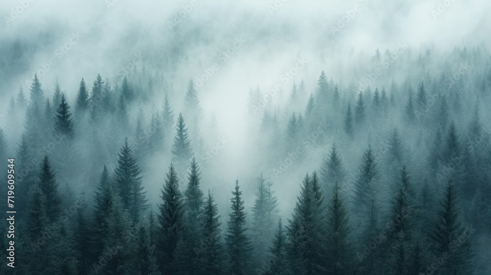  a foggy forest with lots of trees in the foreground and a lot of fog in the middle of the forest on the far side of the picture is a foggy sky.