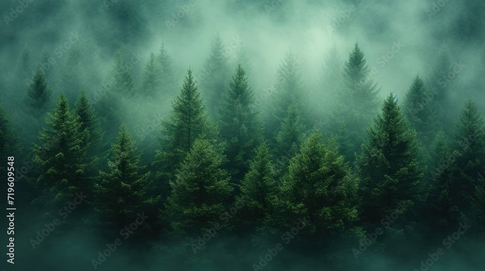  a forest filled with lots of green trees in the middle of a foggy day with lots of trees on either side of the forest and fog in the middle of the picture.