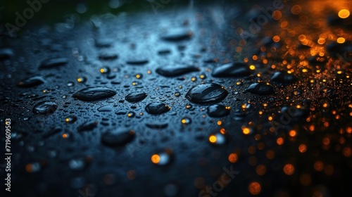  drops of water on the surface of a black surface with orange and yellow lights in the background and a blurry image of raindrops on the surface of the surface.