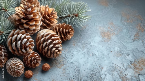  a group of pine cones sitting next to each other on top of a snow covered ground with pine cones on top of them and pine cones on top of them.