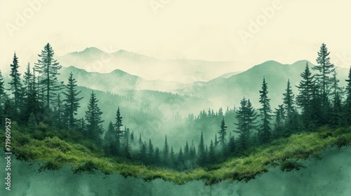  a painting of a mountain scene with trees and fog in the air and a river running through the center of the picture, with a mountain range in the background.