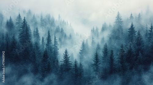  a forest filled with lots of tall pine trees covered in fog and smoggy clouds in the distance is a forest filled with lots of tall pine trees in the foreground.