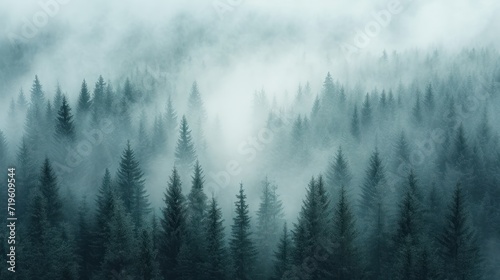  a foggy forest with lots of trees in the foreground and a lot of fog in the middle of the forest on the far side of the picture is a foggy sky.