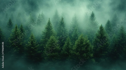  a forest filled with lots of green trees in the middle of a foggy day with lots of trees on either side of the forest and fog in the middle of the picture. © Jevjenijs
