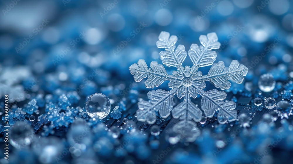 a close up of a snowflake on a blue background with snow flakes in the foreground and a snowflake in the middle of the foreground. a close up of a snowflake on a blue background with snow flakes in the foreground and a snowflake in the middle of the foreground.
