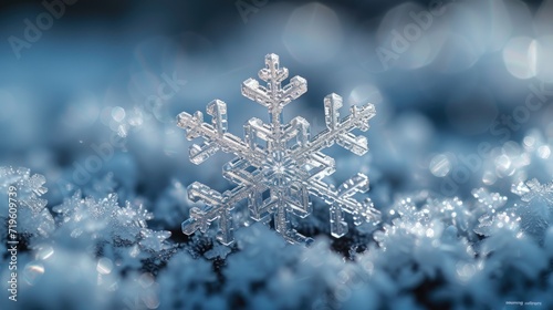  a snowflake is shown in the middle of a blurry image of snow flakes in the foreground and a blurry background of snow flakes in the foreground. © Jevjenijs