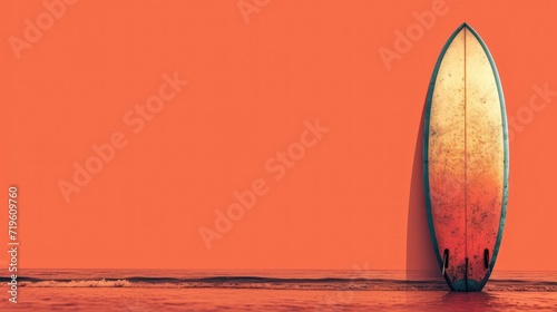  a surfboard sticking out of the water on a bright orange background with a small wave in the foreground and an orange wall in the middle of the background. © Jevjenijs