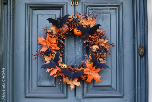 A Halloween themed wreath on a front door with bats, spiders, and pumpkins Autumn wreath decorating front door photo