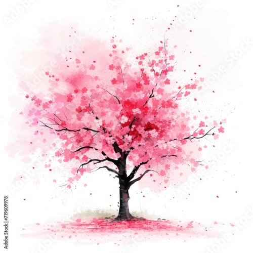  a watercolor painting of a pink tree with lots of leaves on it's branches and a pink ground below the tree is a white background with pink watercolor.