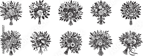 set of wedding bouquet vector black and white graphics