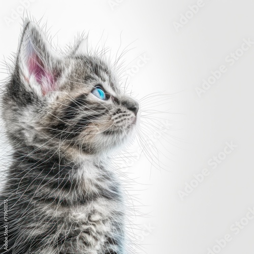  a close up of a small kitten with a blue eyed look on it's face and it's hair in the shape of a cat's ears. © Jevjenijs
