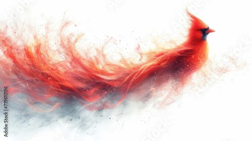  a painting of a red bird with orange and red feathers on it's tail and tail feathers blowing in the wind, on a white background of a white background.