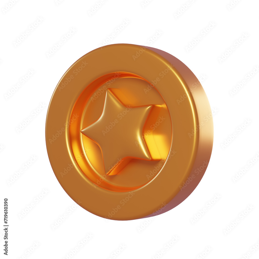 3D Golden Coin with Star. Cartoon element isolated on transparent background. 3D Rendering.