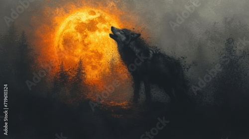  a painting of a wolf standing in front of a bright yellow ball of fire in a dark, foggy, foggy, and tree - filled forest area.