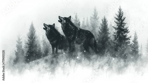  a black and white photo of three wolfs standing in the middle of a forest with snow falling off the tops of the trees and snow falling off the tops.