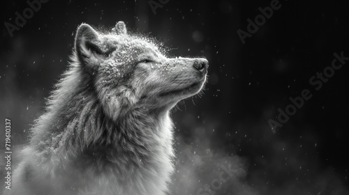  a black and white photo of a wolf's head with snow flakes on it's fur and a black and white photo of a wolf's head.