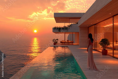 Fototapeta Naklejka Na Ścianę i Meble -  modern large villa overlooking the ocean with woman seen from the back wearing a beautiful long fitted summer dress as she looks out over the sea with a setting sun
