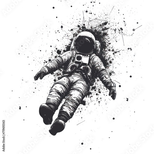 a black and white drawing of an astronaut floating in space with splots of paint on the bottom of the image and the outer part of the body of the body visible part of the body. photo