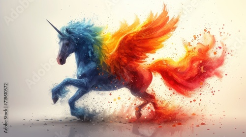  a painting of a colorful unicorn with wings on it's back, with a splash of paint on the side of the horse's body and the horse's body.