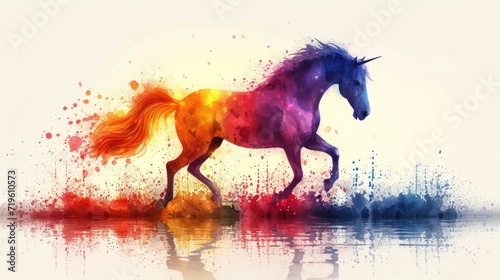  a watercolor painting of a horse running across a body of water with a splash of paint all over it's body and the horse's body, it's body, it's body, it's head, and tail, and tail, and tail, and.