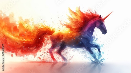  a picture of a colorful unicorn on a white background with a splash of paint coming out of the back of the horse's body and the horse's tail.