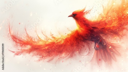  a red and orange bird flying through the air with a lot of fire coming out of it's wings and a white back ground behind it is a white background. photo