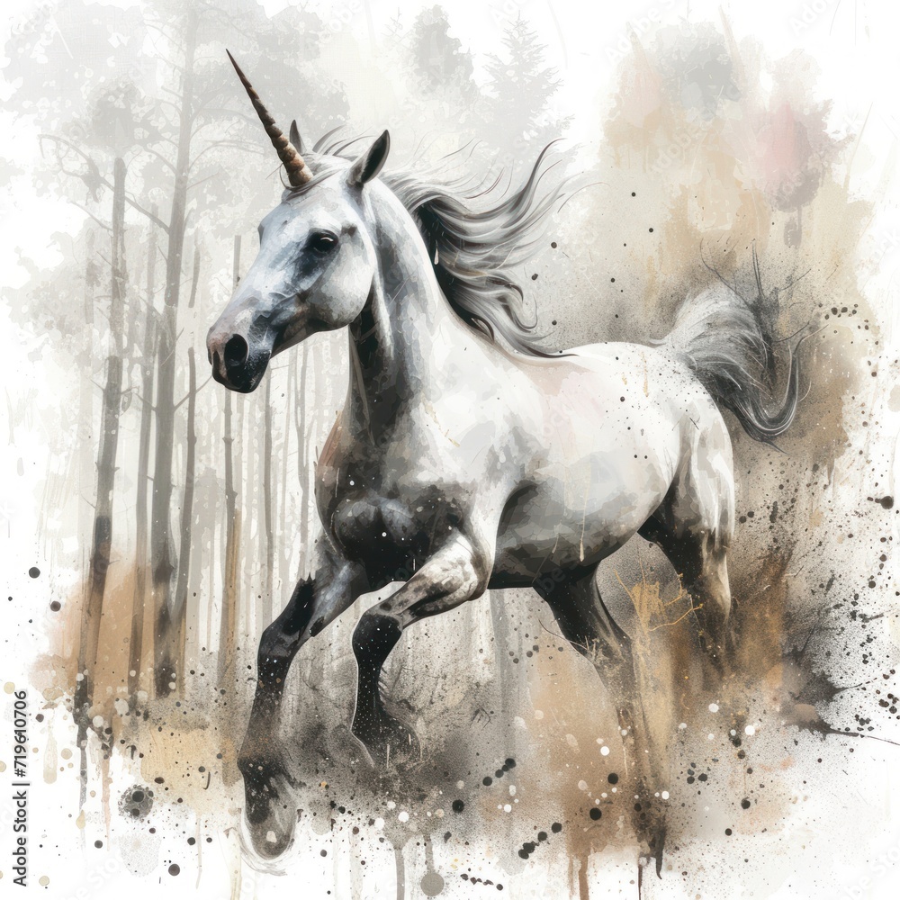  a watercolor painting of a white unicorn running through the woods with a horn on it's head, with trees in the back ground in the foreground.