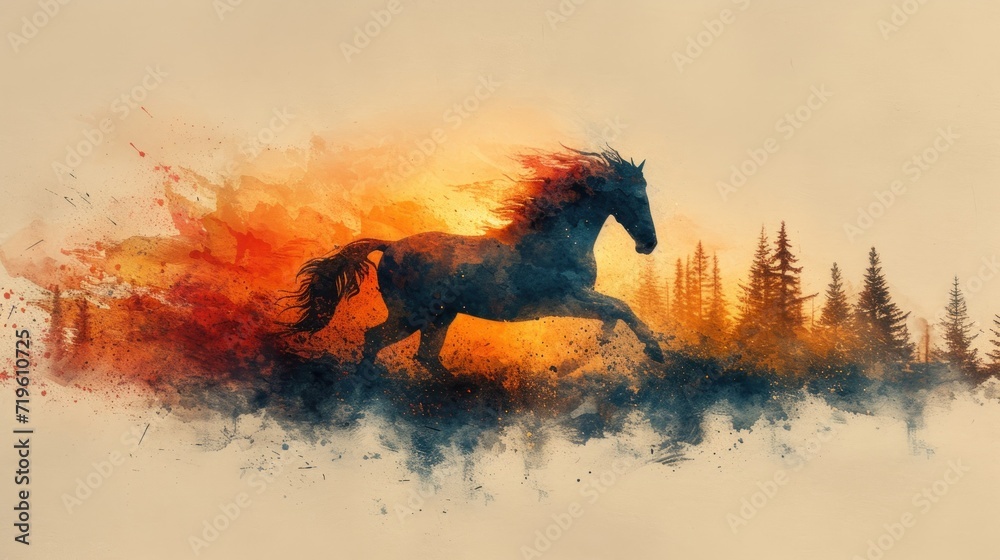  a painting of a horse running in a field of grass and trees with orange and yellow smoke coming out of the horse's rear end of it's body.