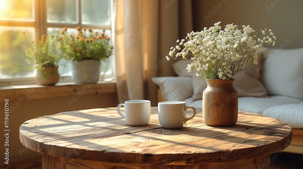  a table with two mugs and a vase with flowers on it sitting in front of a window with the sun shining through the curtains and a couch in the background.