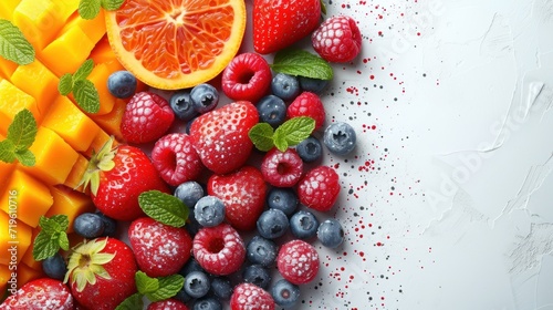  a variety of fruits are arranged on a white surface with red and blue berries  oranges  raspberries  blueberries  and kiwi  and mint leaves.