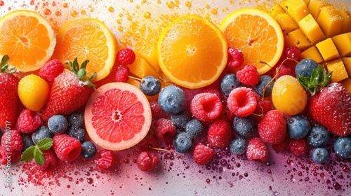  a variety of fruits are arranged in the shape of the word vitamin on a white surface with red and blue berries  oranges  raspberries  raspberries  and lemons.