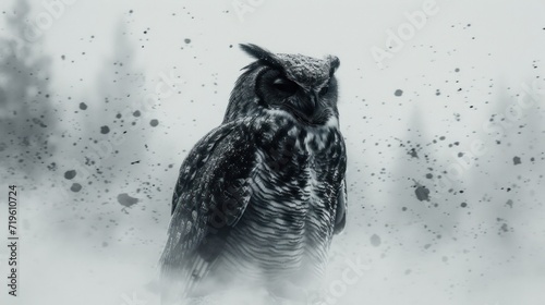  a black and white photo of an owl sitting on a branch in a foggy, black and white photo of an owl standing on a branch in a foggy, black and white background.