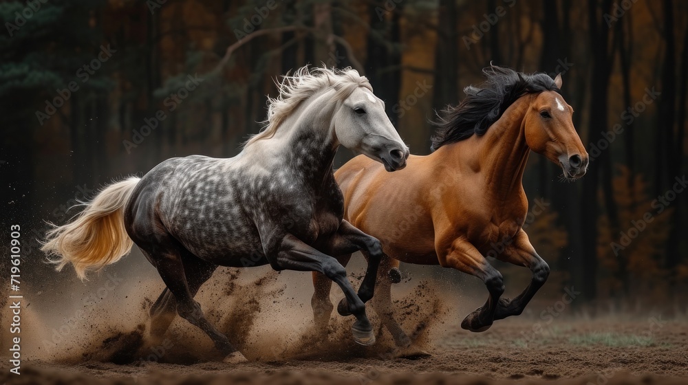 two brown and white horses running in the dirt in front of a wooded ...